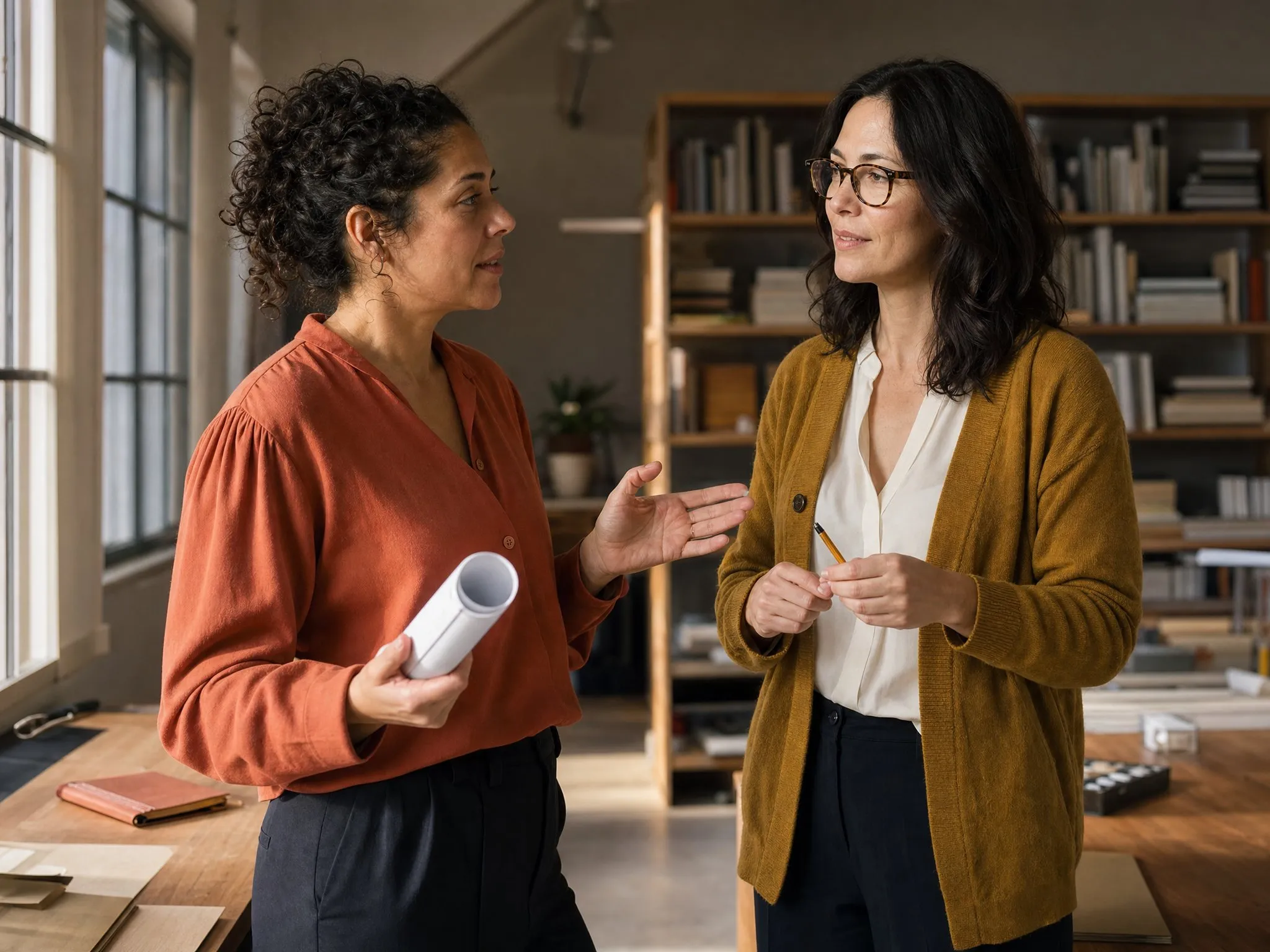 Two colleagues standing in a book-lined studio mid-conversation, one holding a rolled manuscript, warm window light across both faces