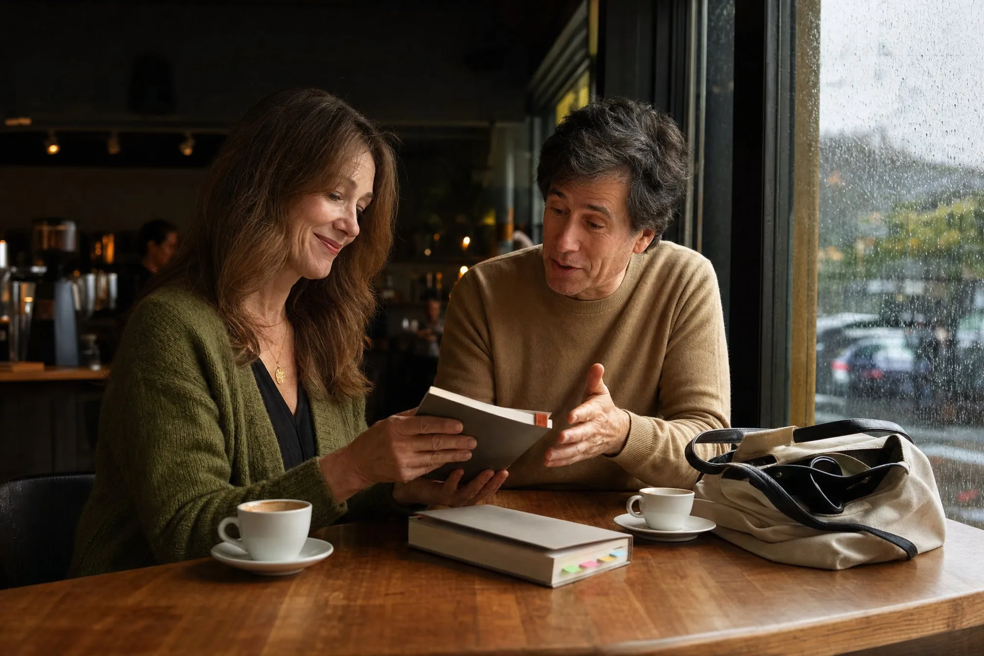 An author and editor comparing three different book formats at a rainy Seattle coffee shop window table
