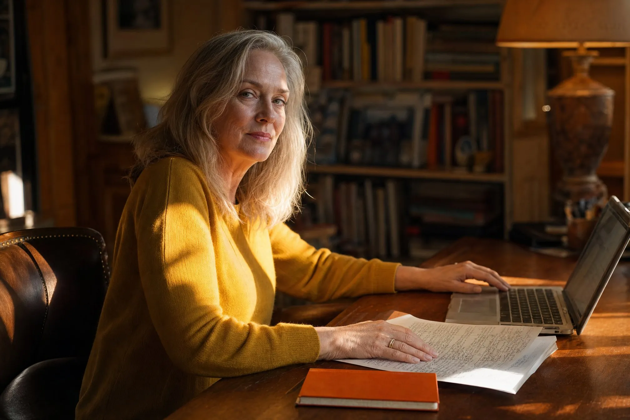 An author glancing up from her handwritten rework with a wry half-smile, one hand on the laptop keyboard