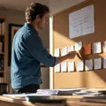 An author ordering chapter cards on a corkboard beneath his framework sheet