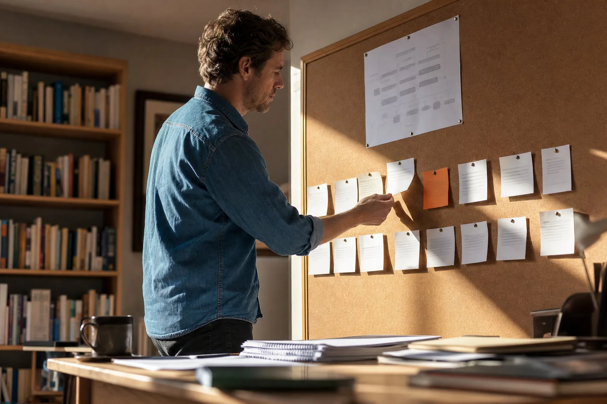 An author ordering chapter cards on a corkboard beneath his framework sheet