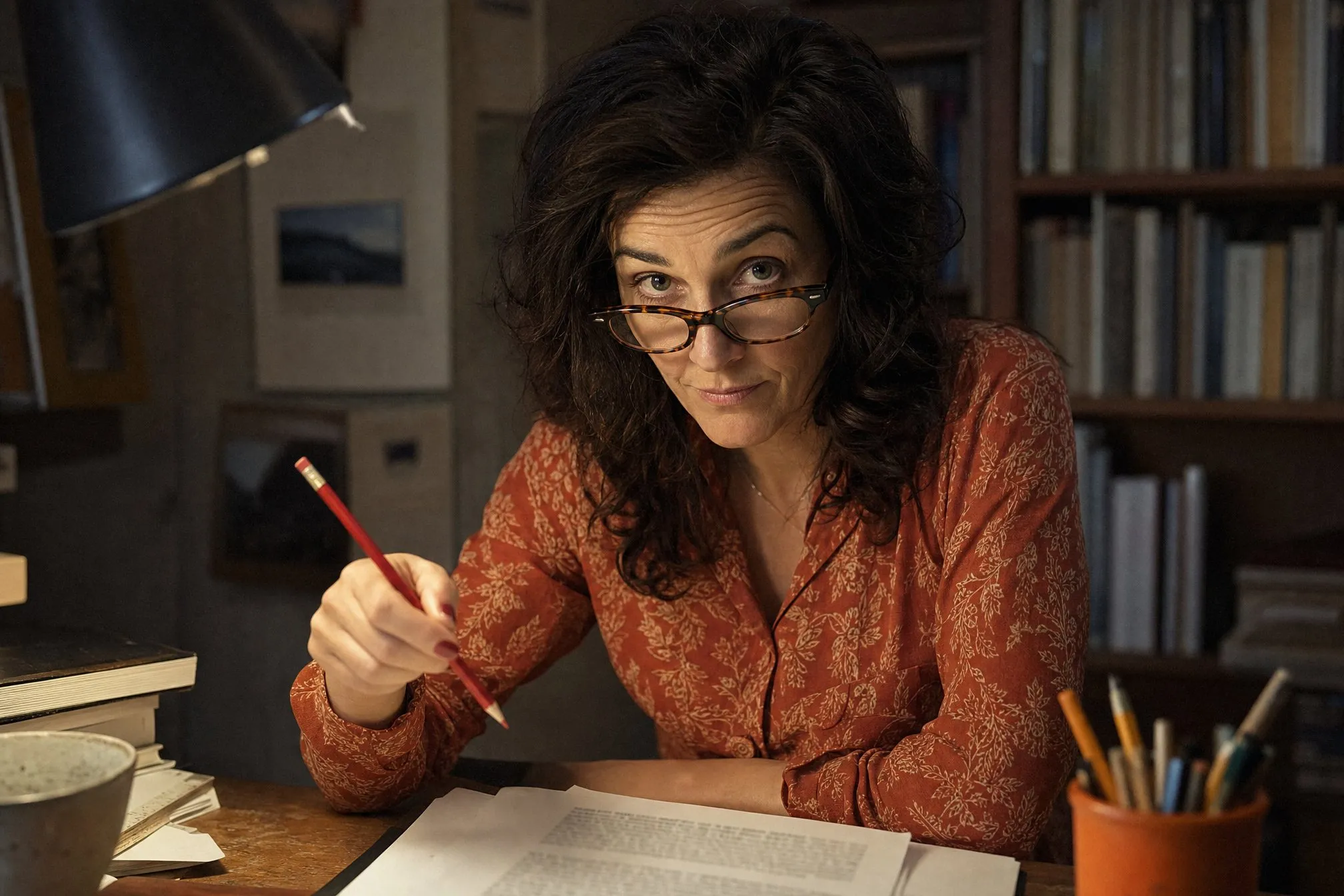 An editor looking over her glasses with a red pencil poised above a manuscript page