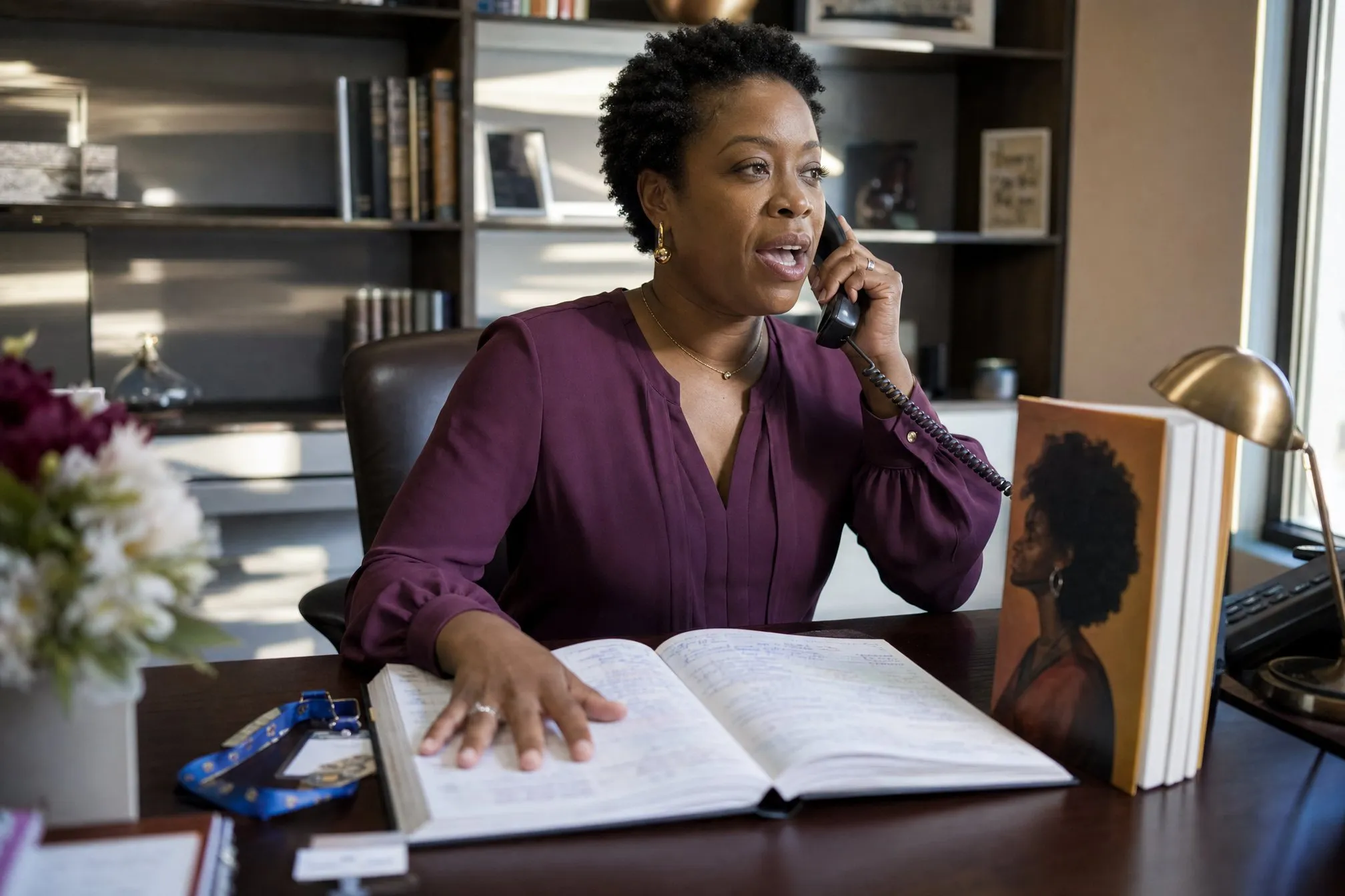 An author taking a booking call over an appointment book dense with entries, her hardcover propped beside the lamp