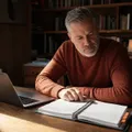 A writer in his fifties typing from a thick tabbed playbook binder propped beside his laptop