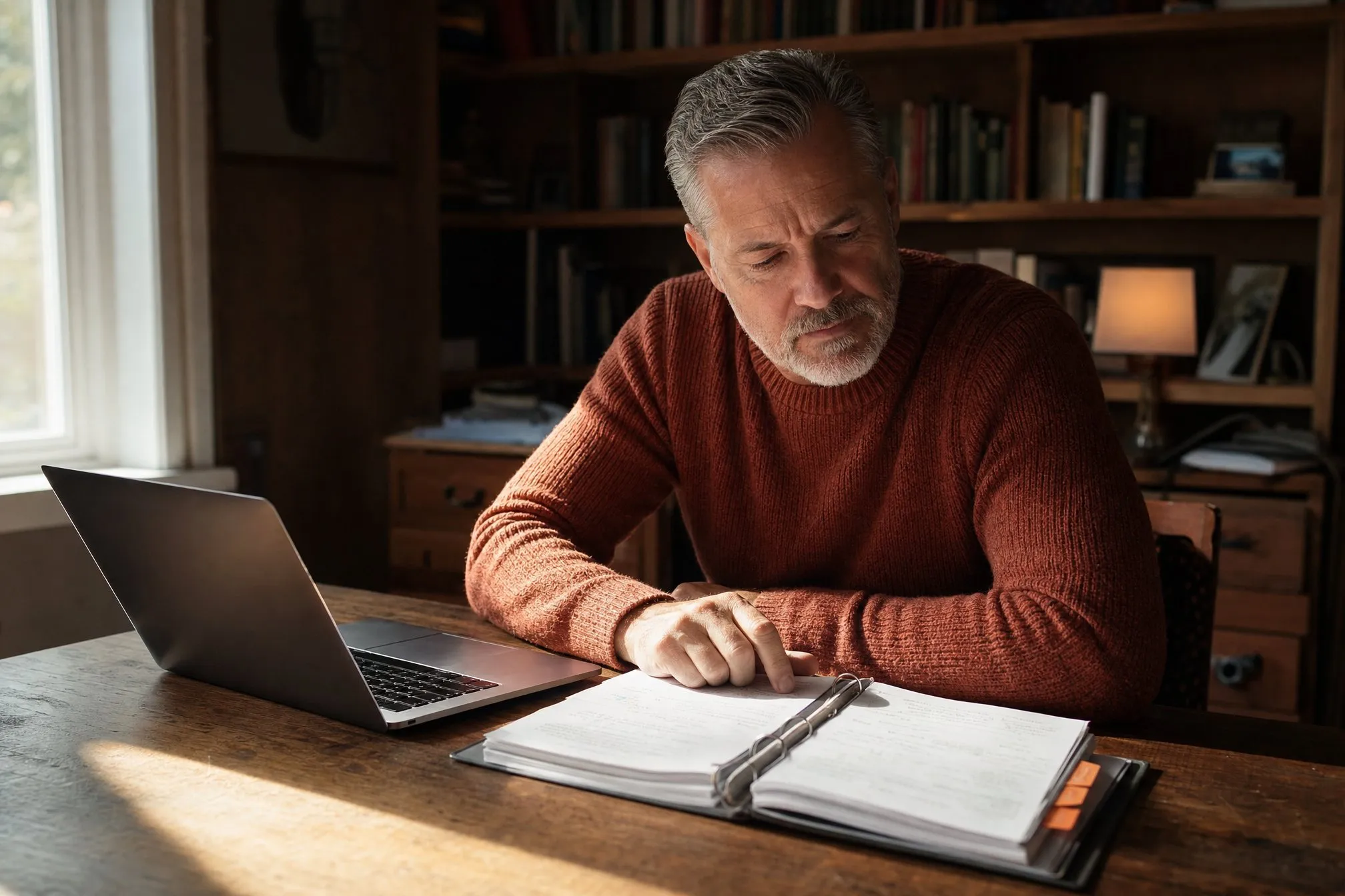 A writer in his fifties typing from a thick tabbed playbook binder propped beside his laptop