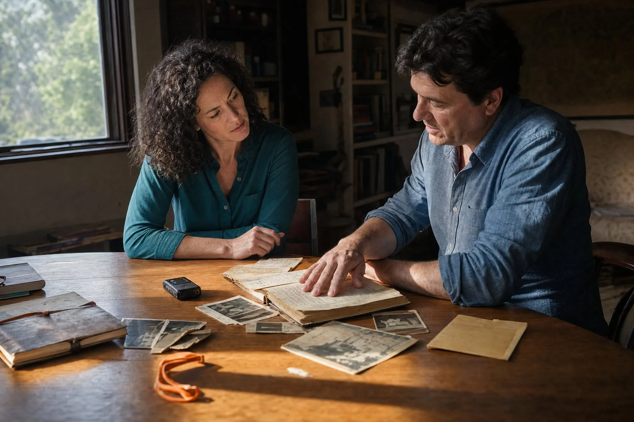 An interviewer listening as an author shows a worn field journal and old photographs, a voice recorder between them