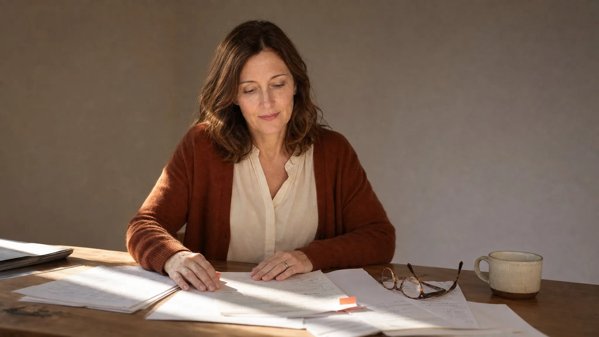 Manuscript pages with penciled margin marks under a low beam of window light, reading glasses folded beside a cup of tea