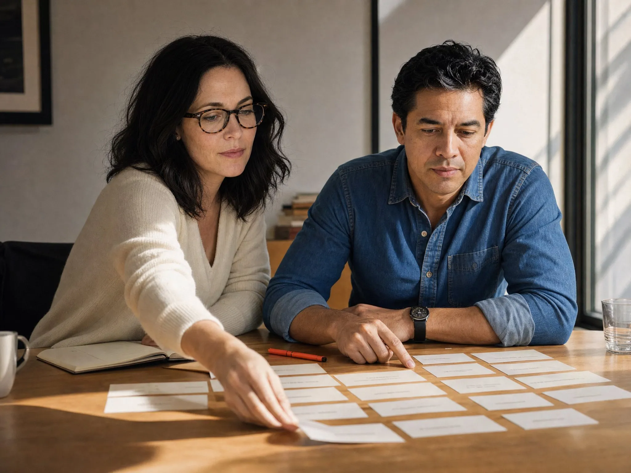 An editor and author mapping chapters to offers in a grid of index cards on an office table