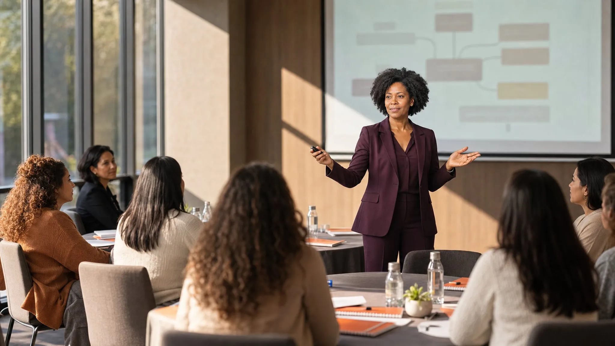 An author presenting her framework to a workshop, a projection screen glowing behind her and workbooks open at every table