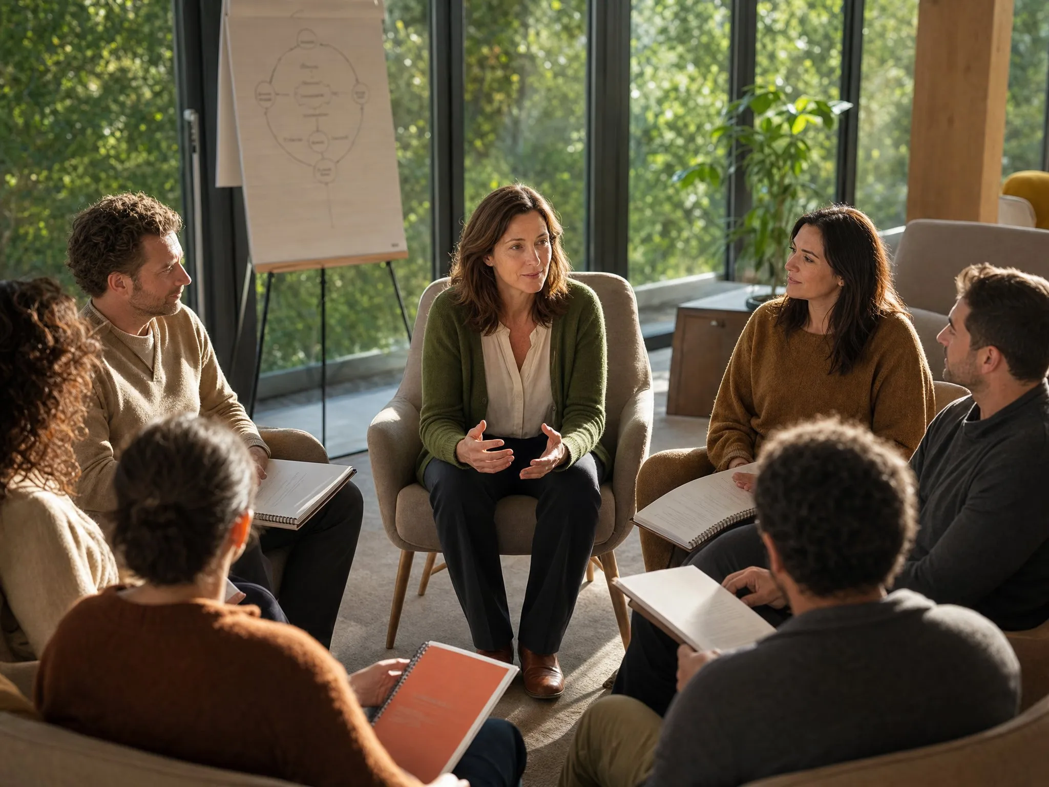 An author leading her cohort from an armchair circle in a light-filled retreat lounge
