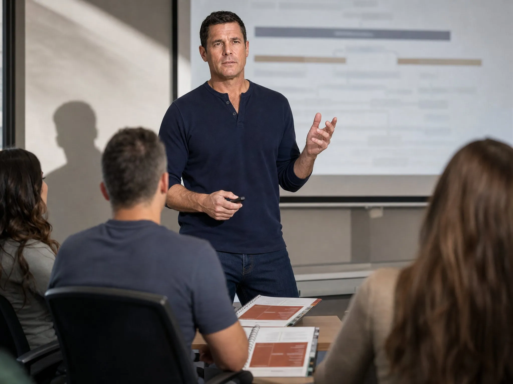 An author presenting his framework to a training room, spiral manuals open on the tables