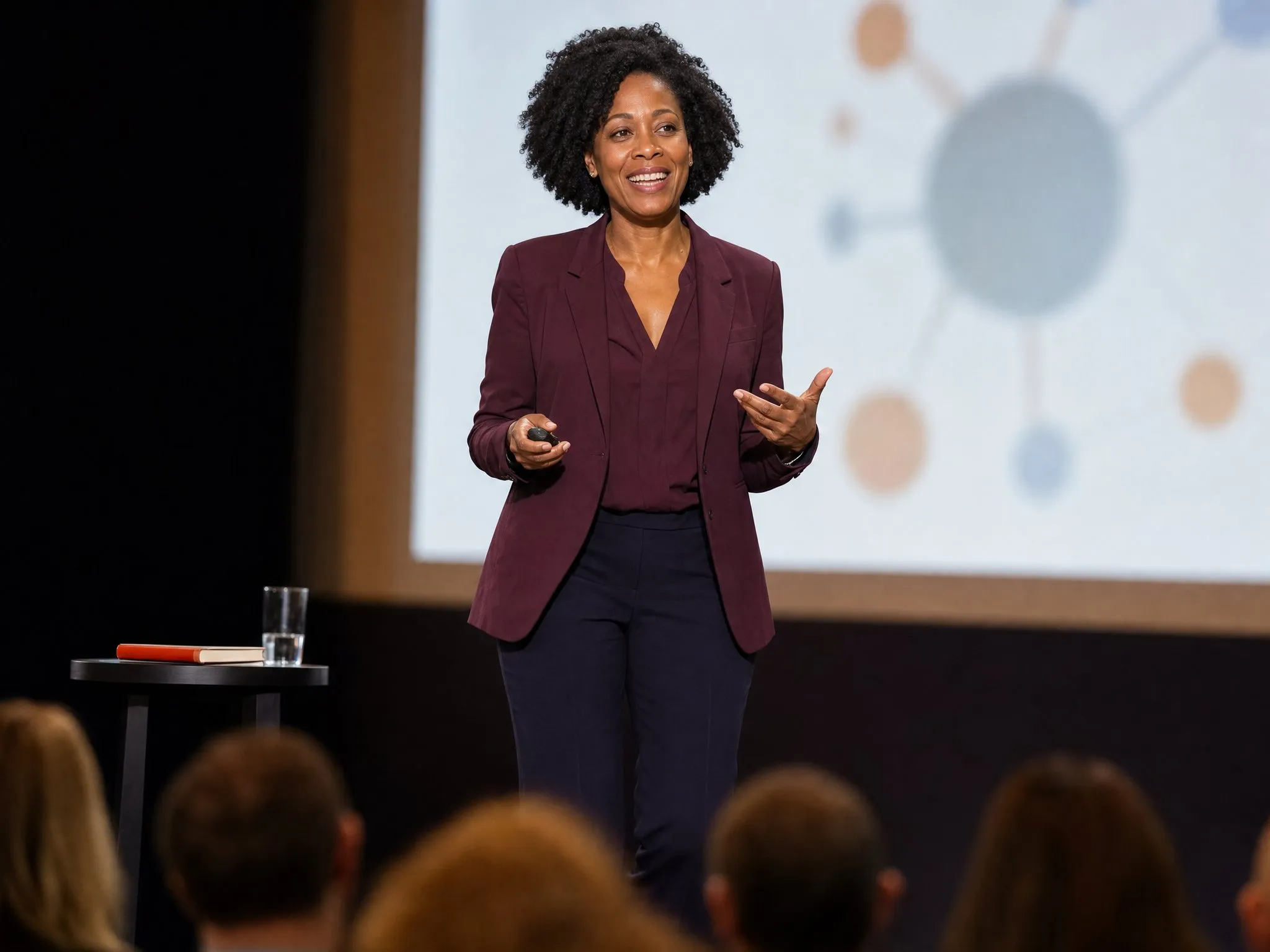 An author mid-keynote on a conference stage, a projection screen glowing behind her