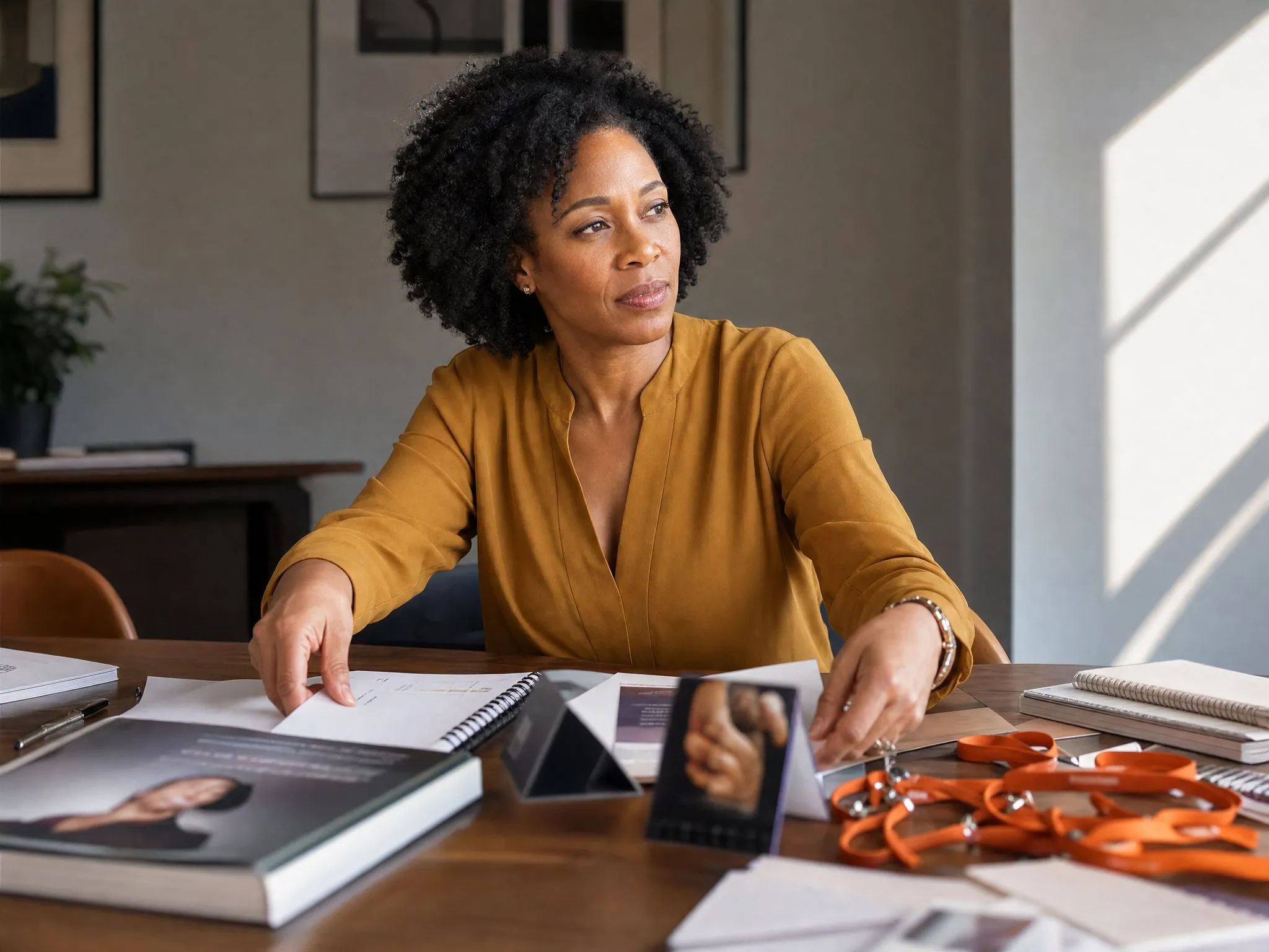 An author at her planning table, the finished book among workbooks, event cards, and orange lanyards