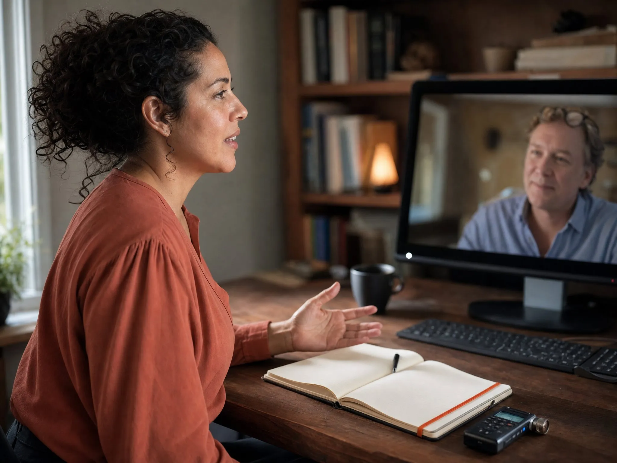 A ghostwriter on a video call shot from beside her display, the author soft on screen, notebook and recorder at hand