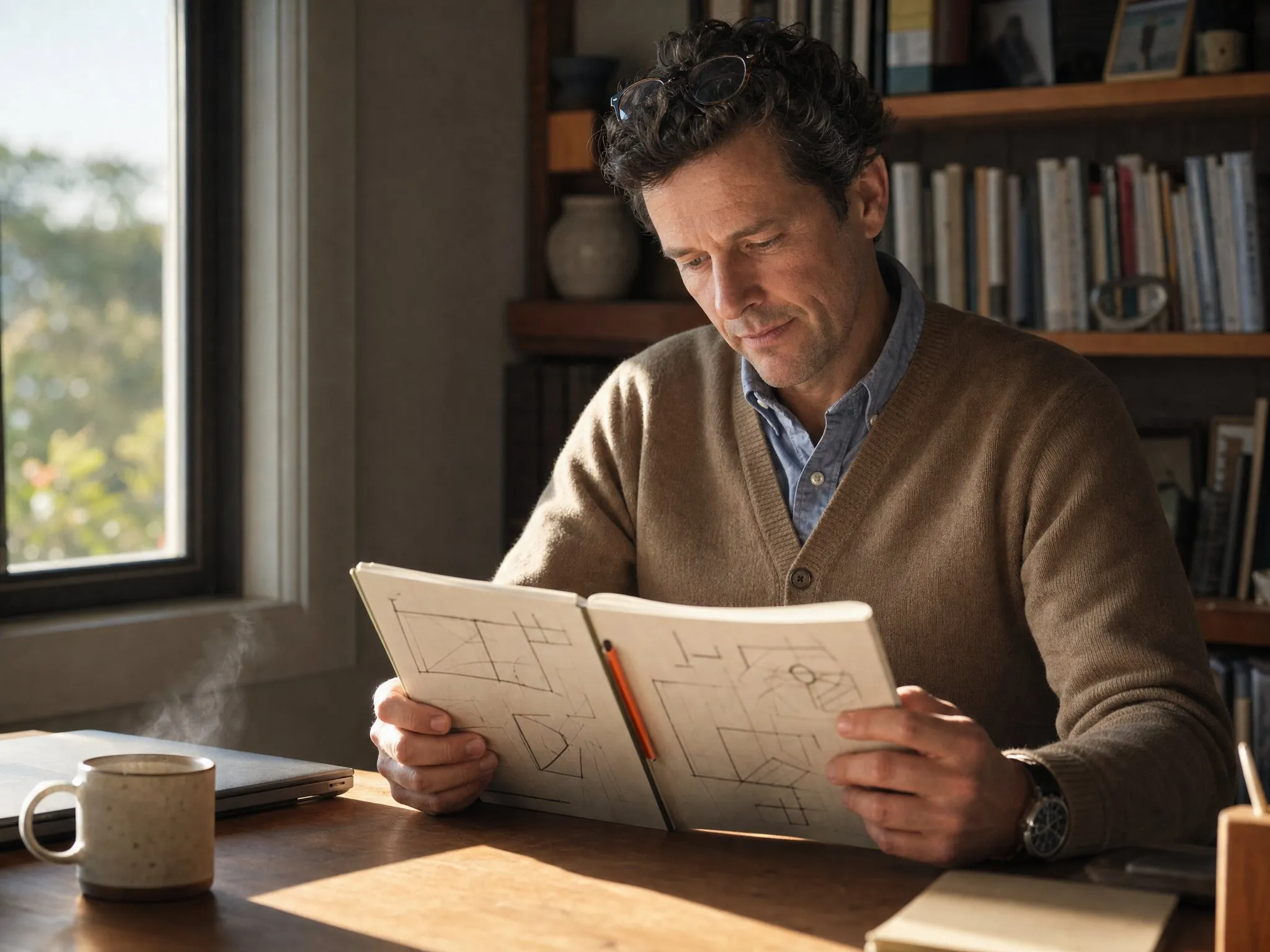 An author at his home desk rediscovering a notebook of hand-drawn frameworks, morning light across the page