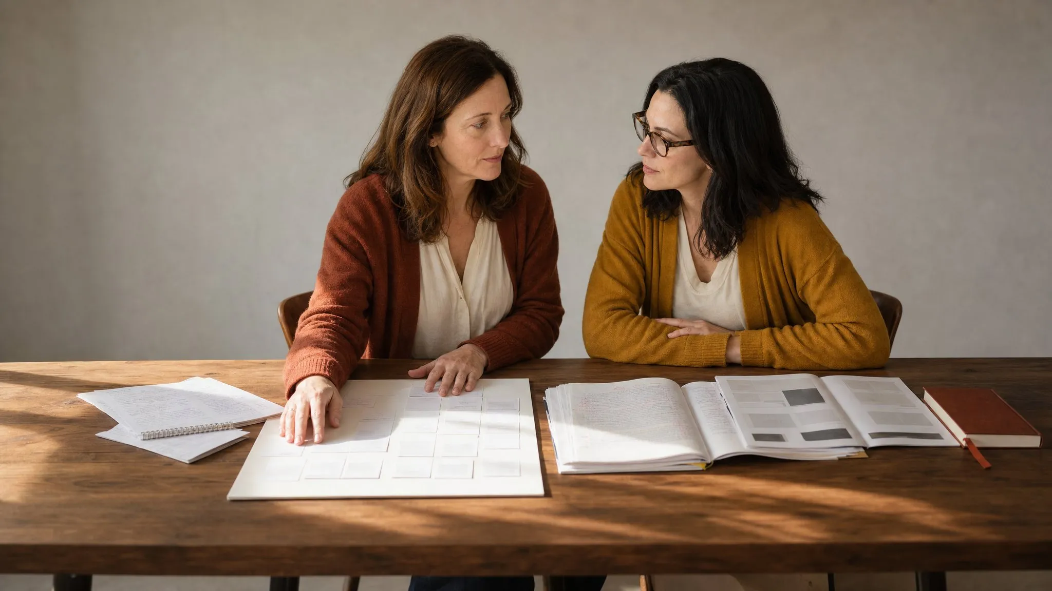 An author and editor at a long walnut table carrying one book's working stages, from loose notes to the finished bound copy
