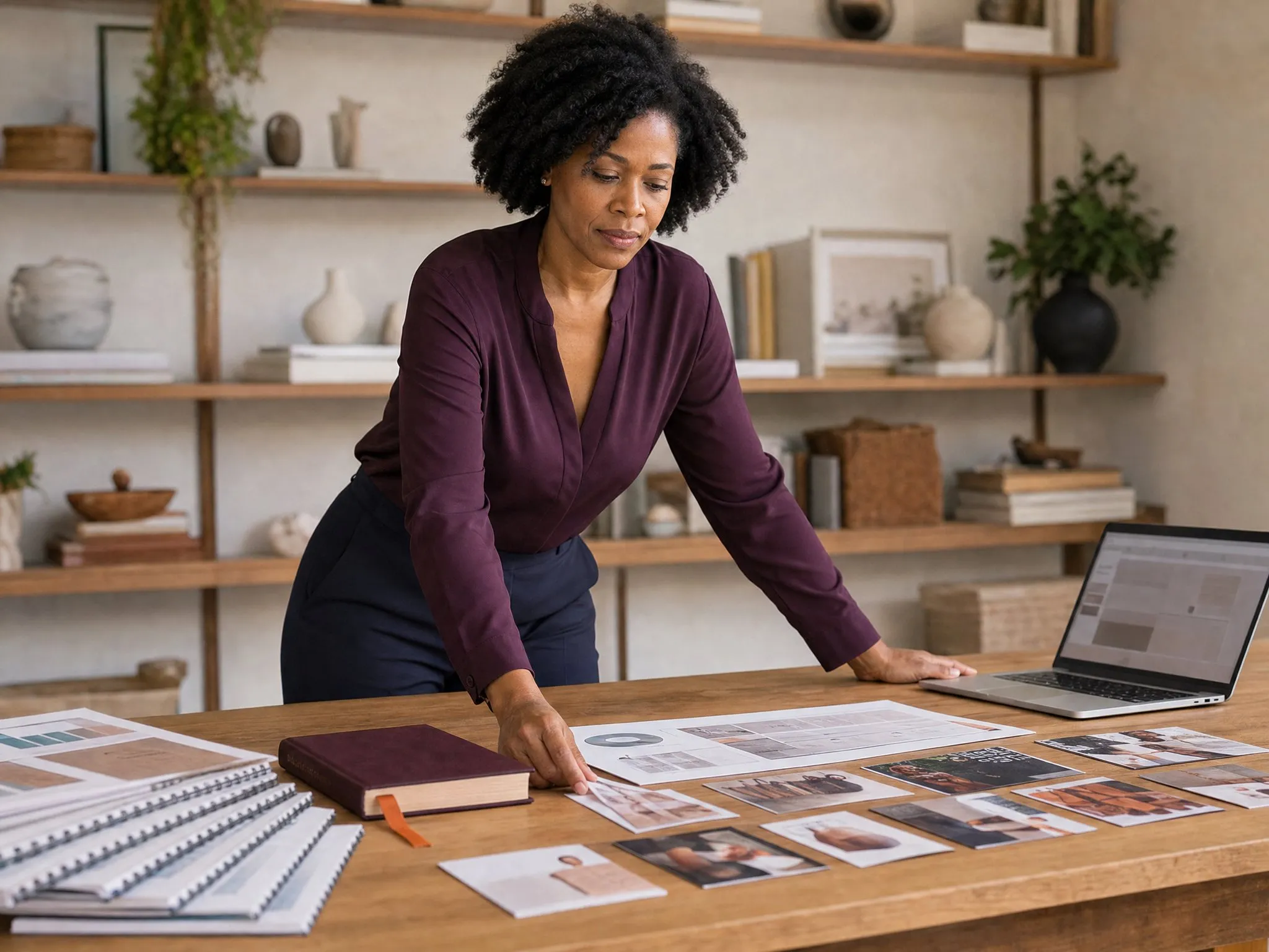 A woman in a plum blouse standing over a studio worktable arranging her book, cohort workbooks, campaign cards, and website plans in soft daylight