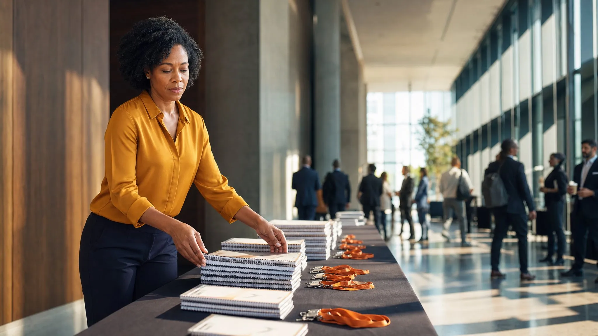 An author setting out spiral workbooks and orange badge lanyards on a conference foyer table before her session