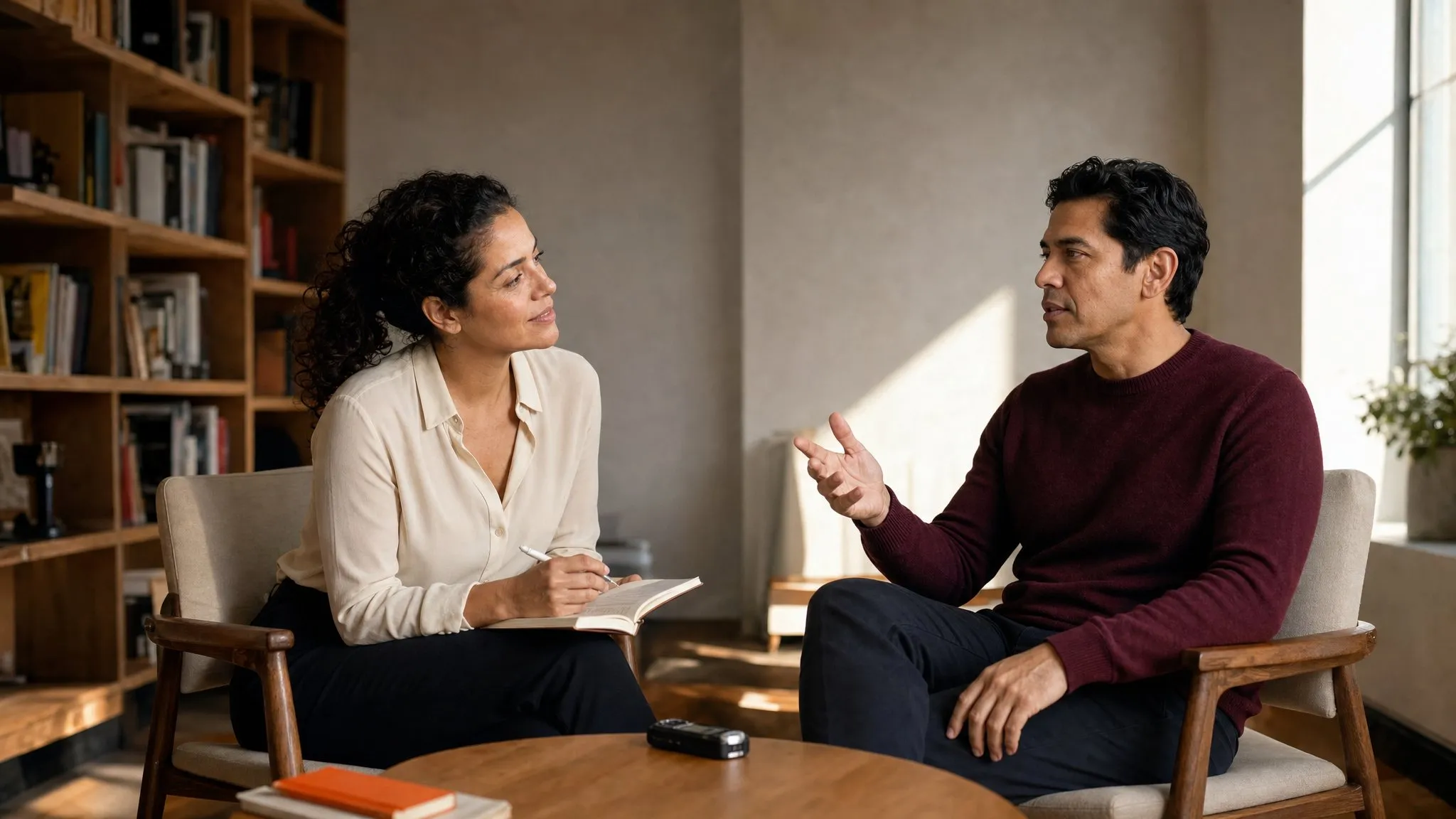 A ghostwriter interviewing an author in the studio's window corner, a voice recorder on the low table between them