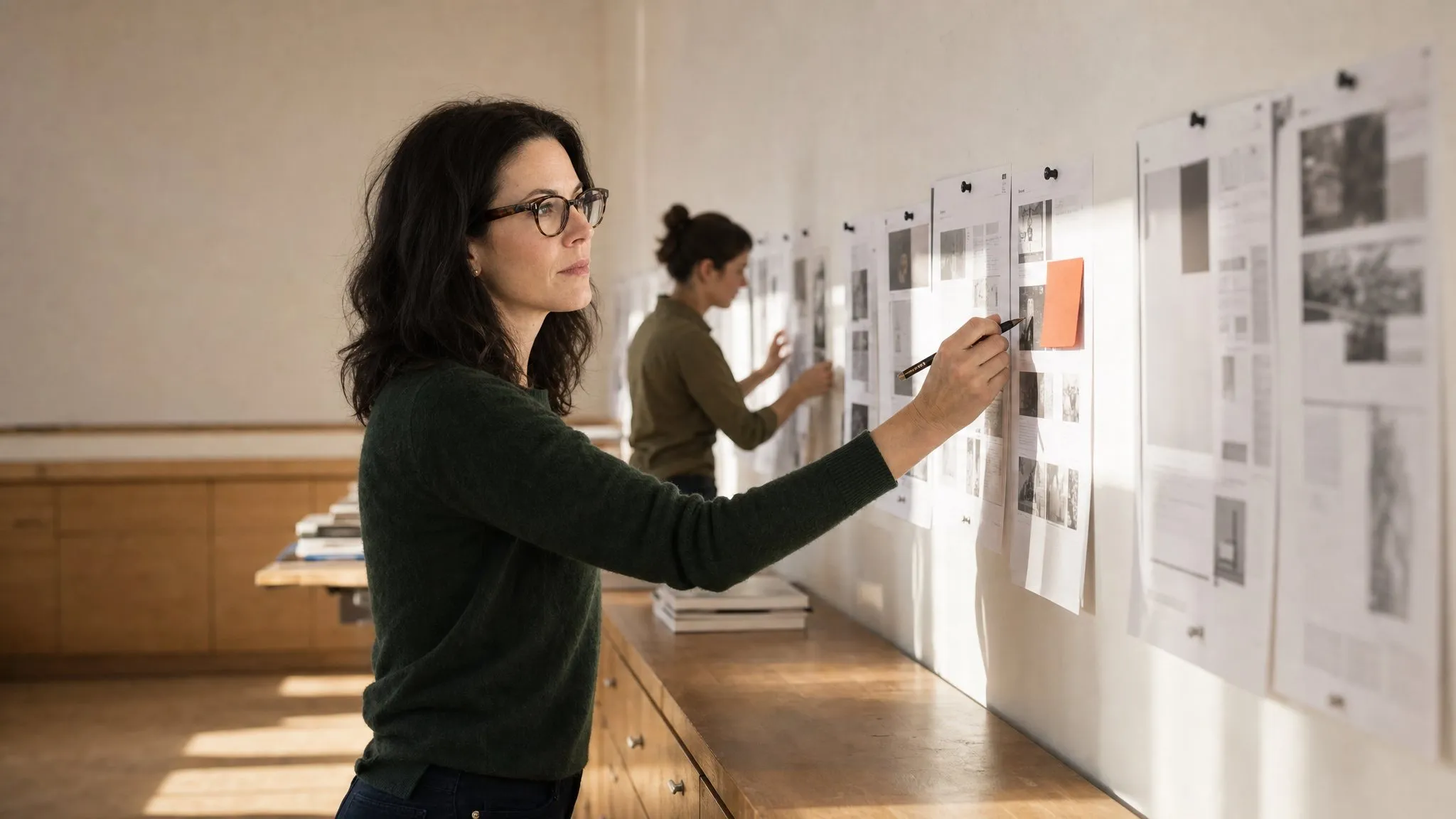 An editor marking one page proof in a long pinned row above the studio counter, a colleague comparing sheets further down