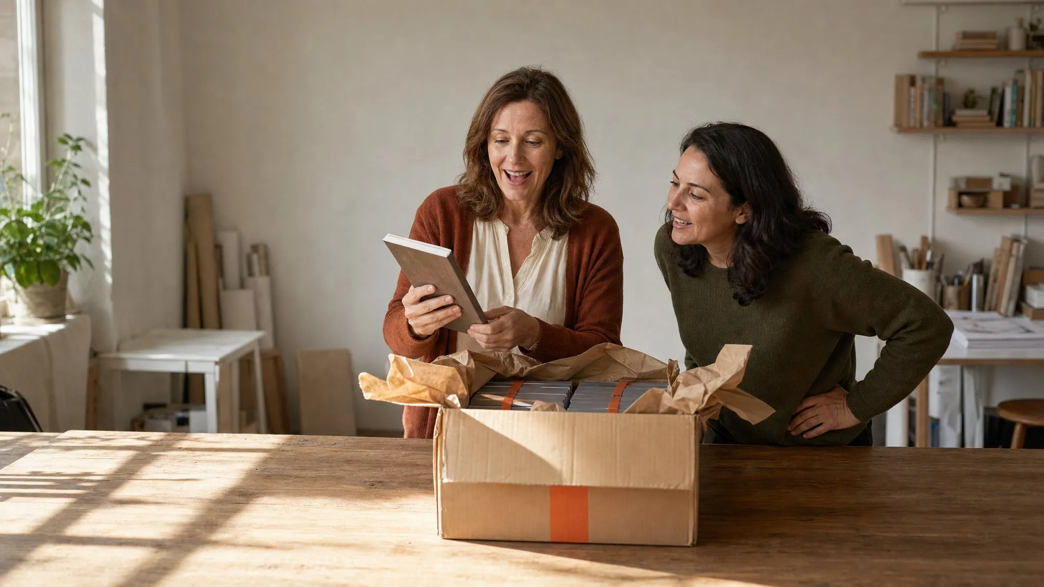An author lifting the first copy of her finished book from an opened shipping carton, a colleague leaning in to see