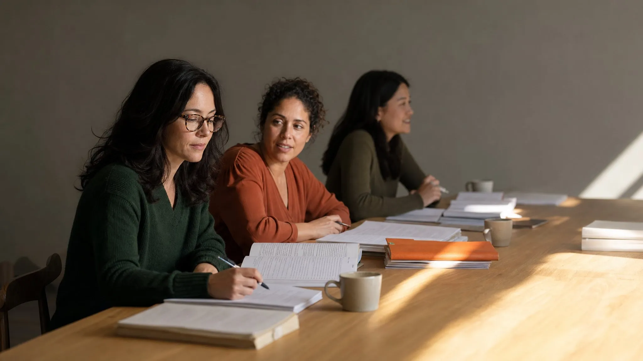 The team seated along a long oak worktable with manuscripts and coffee, one hard shaft of afternoon light down its length